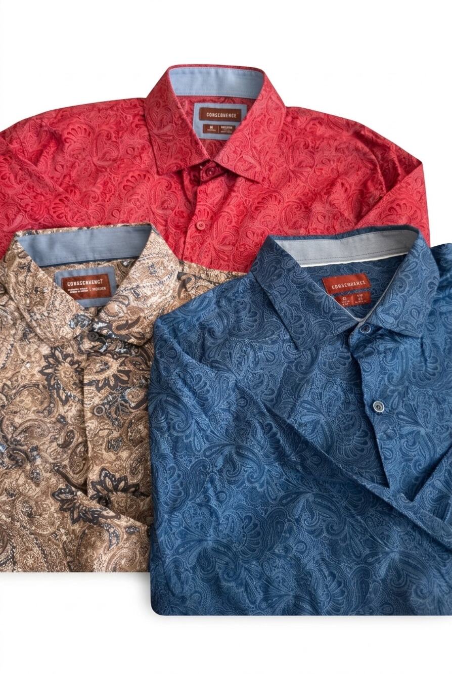 Lot of 3 Consequence Mens XL Paisley Jacquard Long Sleeve Dress Shirts